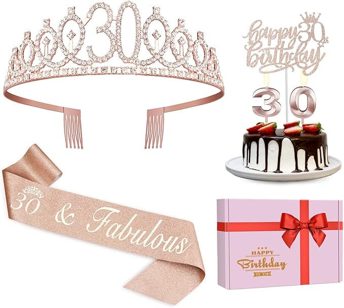 30th Birthday Decorations for Her, Including Sash, Crown/Tiara, Cake Topper by JueslyBirthdayParty