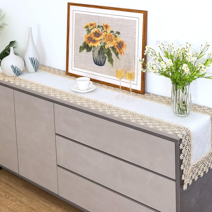 Beige lace Premium Rectangle Farmhouse Table Runner Waterproof OilProof - Image 2