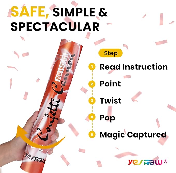 Confetti Cannon Party Poppers Shooters Red, YESHOW Confetti Bomb Blaster - Image 2