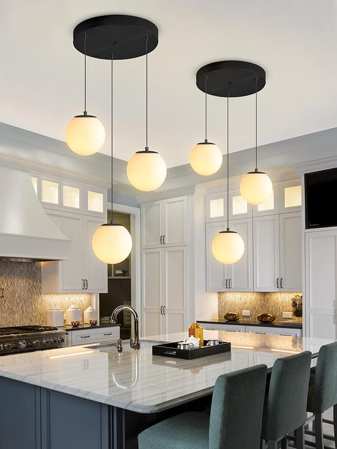 3-Lights Globe Glass Pendant Light Modern White Globe Glass Chandelier Mid - Image 5