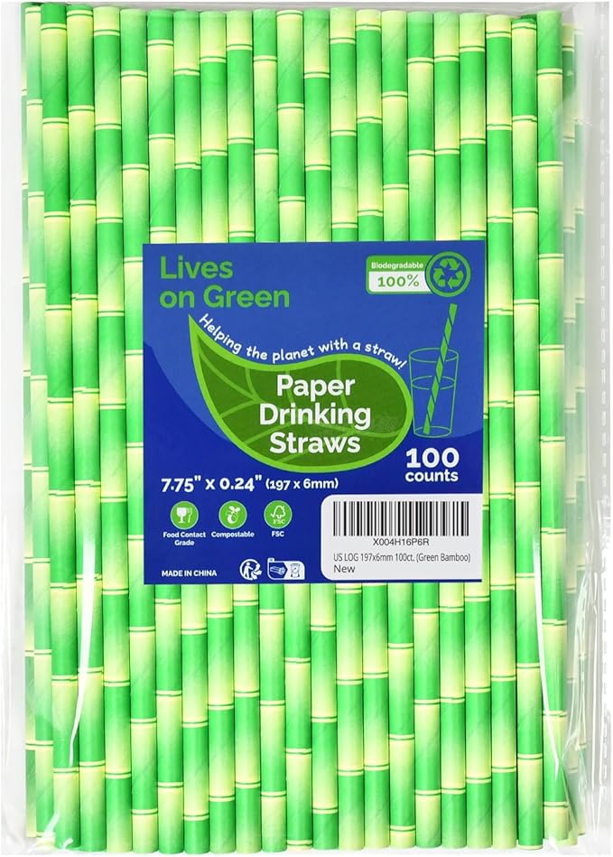 Paper Straws for Drinking Green Bamboo, 7.75" x 0.24" by LivesonGreen