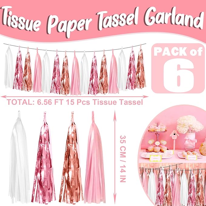 6P Pink White Peach Rose Gold Tassels Foil Fringe Metallic Garland Banner - Image 2