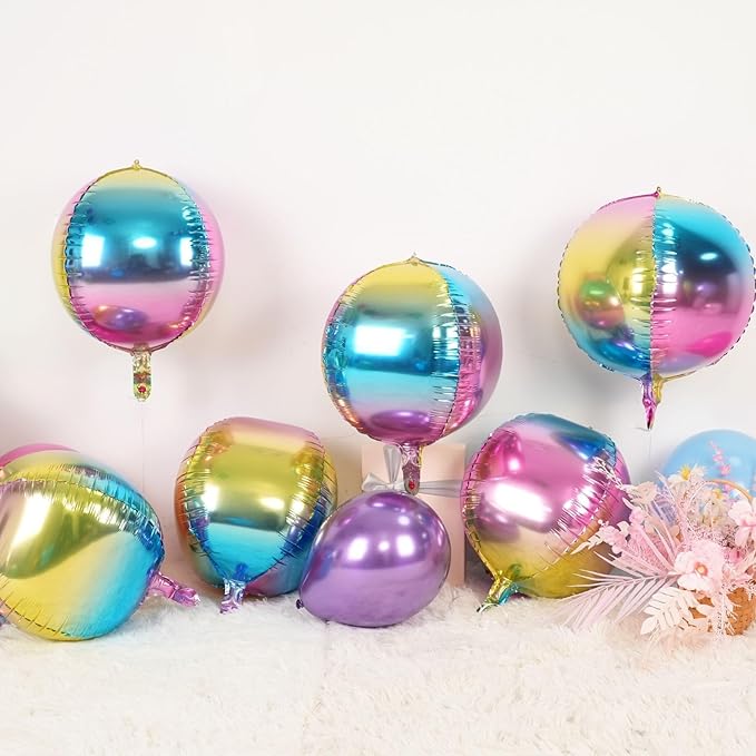 6Pcs Gradient Rainbow Round Foil Balloons, Giant 4D Round Ball Balloon 22 Inch - Image 3