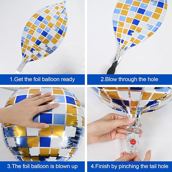 Disco Ball Balloons Blue Gold 4PC, Foil Disco Balloons 22 Inch 4D Round Blue - Image 6