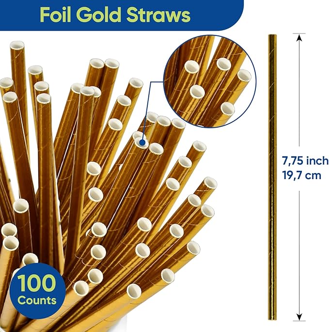 7.75 inch Compostable Gold Paper Straws 100 Counts - Image 3