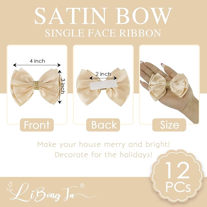Champagne Gold Ribbon Bow 4'' Premade Satin Bows, Gift Bows - Image 2