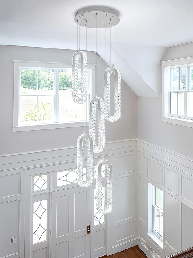 5 Rings Crystal Chandeliers for Staircase Large Pendants Light Fixture Silver - Image 2