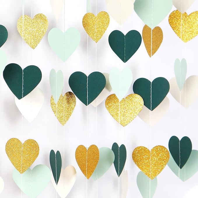 Sage-Green Mint Beige-Gold Love-Heart Garland - 52Ft Rustic Wedding Hanging - Image 4