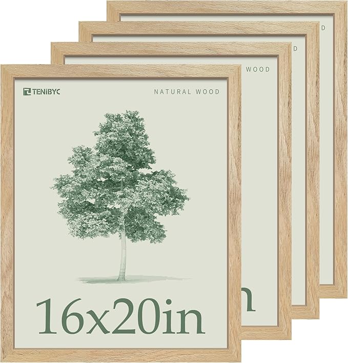 16x20 Poster Frame 4 Pack, Natural Solid Wood Picture Frame, HD Tempered Glass by TENiBYC