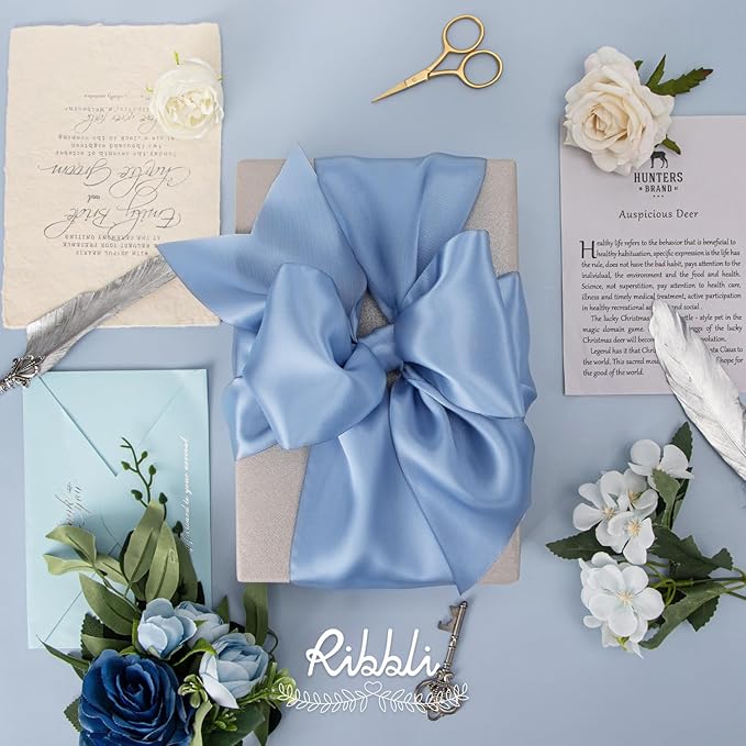 Ribbli Dusty Blue Satin Ribbon 4 Inch Wide Dusty Blue Ribbon - Image 2