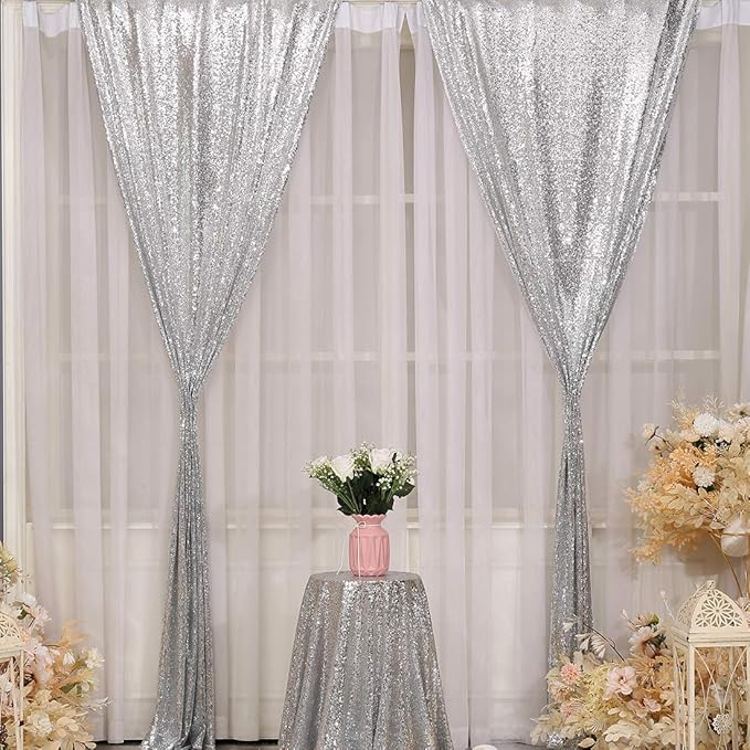 Poise3EHome 2Pcs 3Ft x 8Ft Silver Sequin Backdrop Curtain, Glitter Photography - Image 2