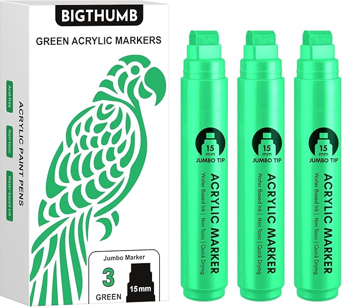 3 Pcs Green Jumbo Permanent Markers: 15mm Wide Tip Thick Acrylic Paint Pen by BIGTHUMB