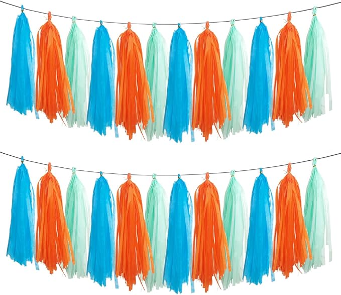 GAKA Orange Blue and Light Green Tissue Paper Tassel, Paper Tassel Garland by GAKA