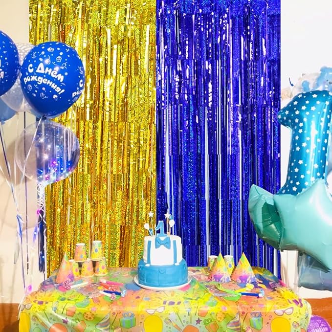 BEISHIDA 4 Pcs Blue and Gold Party Streamers Fringe Foil Curtain Backdrop - Image 4