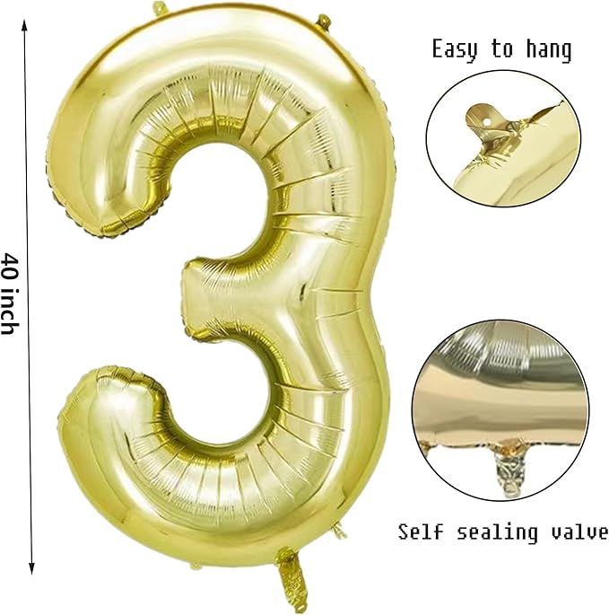 Number 3 Balloon 40 Inch, Big Large Foil light gold Number Balloons, Jumbo - Image 2