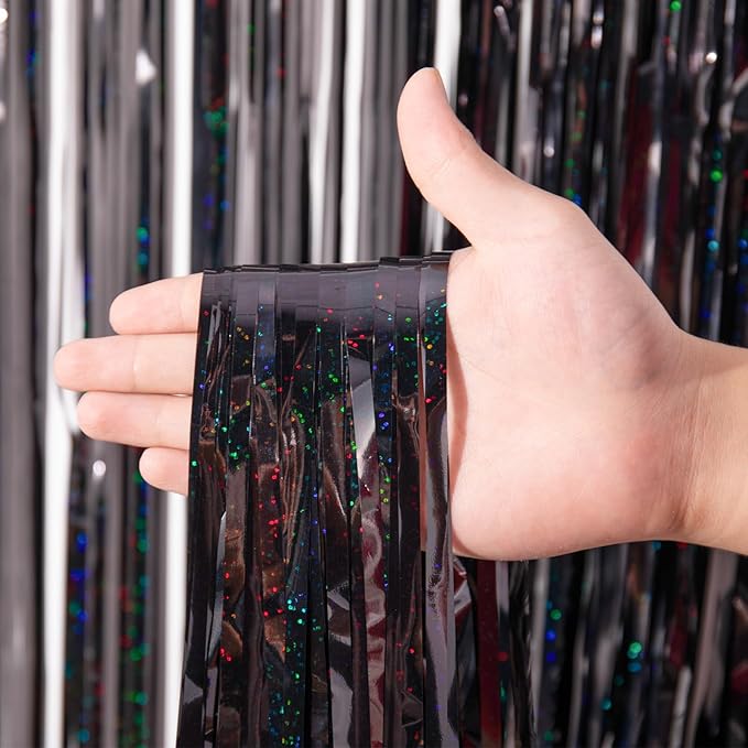 2 Pack Laser Black Tinsel Foil Fringe Curtains, Metallic Tinsel Party Streamers - Image 2