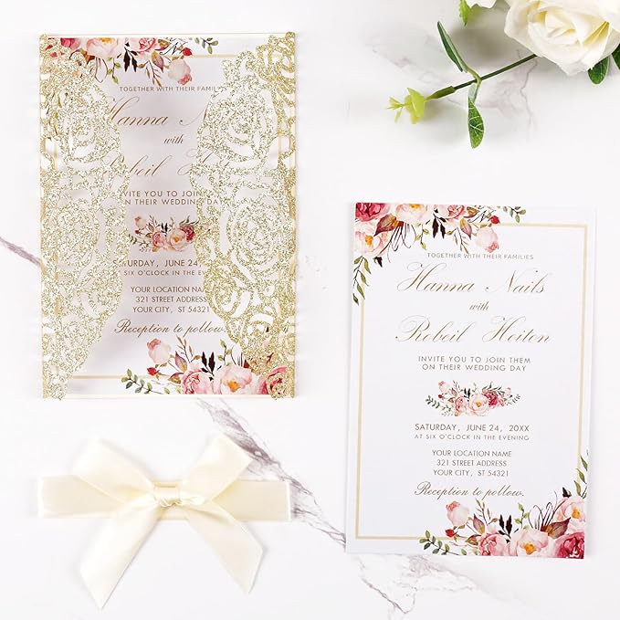 50pcs Gold Glitter Laser Cut Invitation Pockets Rose Personalized Blank Wedding - Image 3