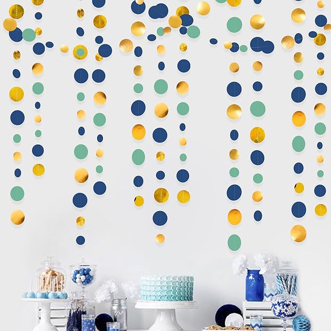 Blue Gold Green Decorations Circle Dots Garland Metallic Gold Navy Blue - Image 3