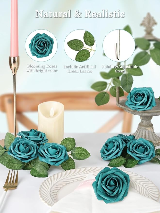 N&T NIETING Artificial Flowers Foam Roses 25 pcs Peacock Green Fake Roses w/Stem - Image 4