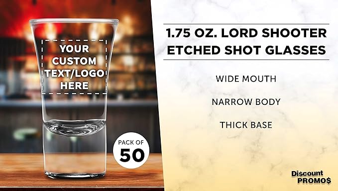 Custom 2 oz. Lord Shooter Etched Shot Glasses, 50 pack, Personalized Text - Image 3