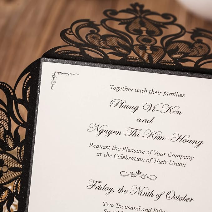 Hosmsua 50PCS Personalized Black Laser Cut Hollow Lace Rose Invitation Cards - Image 5