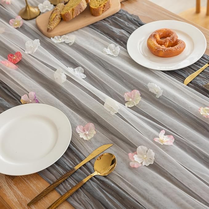 Romantic Artificial Floral Table Runner 10ft Gauze Tulle Lace Table Runner Set - Image 4
