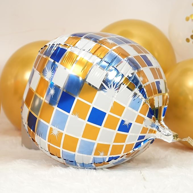 Disco Ball Balloons Blue Gold 4PC, Foil Disco Balloons 22 Inch 4D Round Blue - Image 3