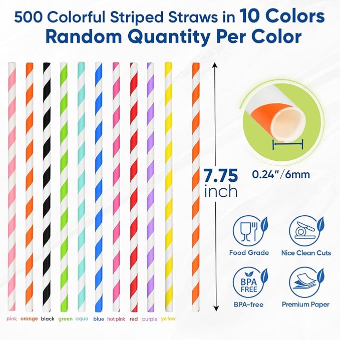 7.75" Colorful Striped Paper Drinking Straws, 10 Assorted Colors, Disposable & - Image 2