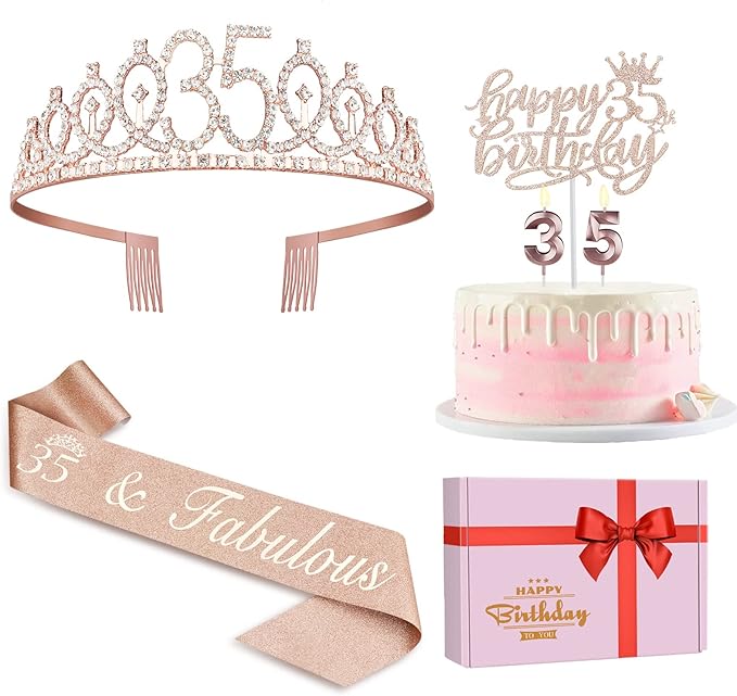 35th Birthday Decorations for Women Including Sash, Tiara/Crown, Numeral by JueslyBirthdayParty