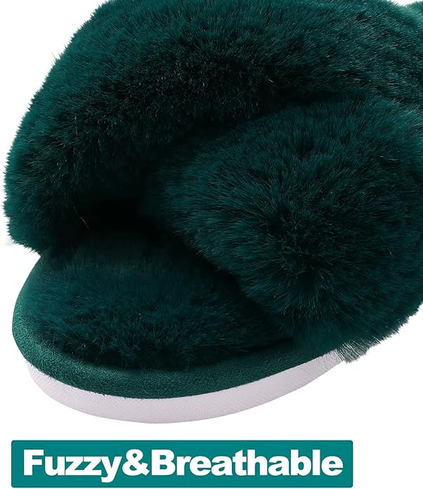 Evshine Women's Fuzzy Slippers Cross Band Memory Foam House Slippers Open Toe - Image 3