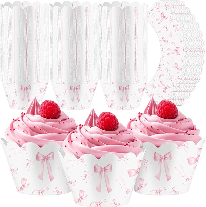 Domensi 100 Pcs Pink Bow Cupcake Wrappers Rustic Cupcake Liners Pink Baking by Domensi
