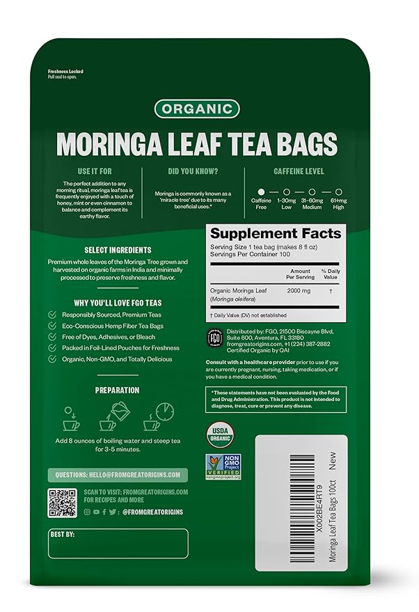 FGO Organic Moringa Tea, Eco-Conscious Tea Bags, Resealable Bag, Caffeine Free - Image 2