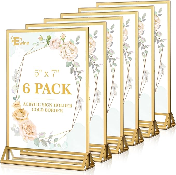 EHWINE 6 Pack Acrylic Sign Holder 5 x 7, Double Sided Gold Picture Frame Stand by EHWINE