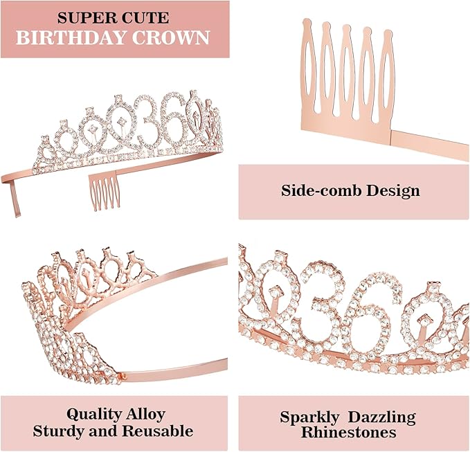 36th Birthday Decorations for Women Including Birthday Sash, Tiara/Crown - Image 4