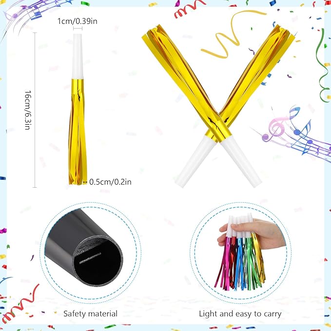 48 Pcs Gold Noise Makers Glitter Metallic Fringed Noise Makers Horns - Image 3