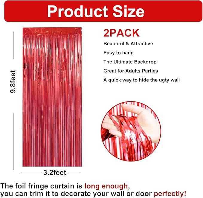 2 Pack 3.28 ft x 6.56 ft Red Tinsel Curtain Party Backdrop - Image 2