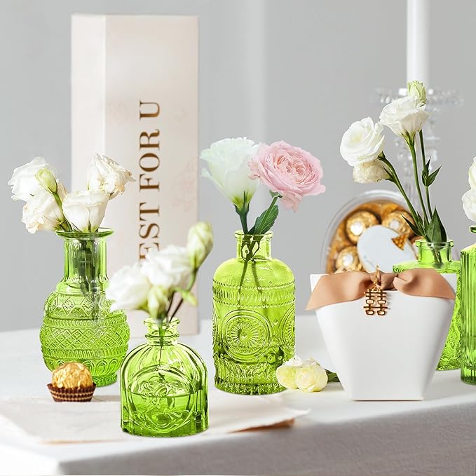 Green Glass Bud Vase Set, Mini Single Vintage Style - Image 5