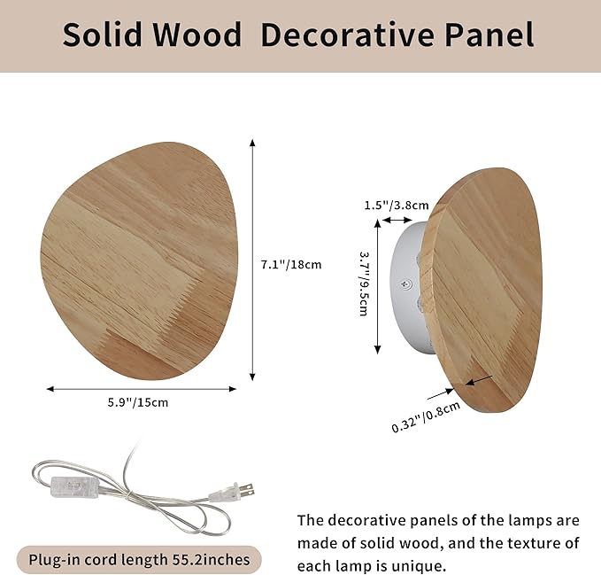 Modern Minimalist Plug in Wall Sconces, 7.9'' Plug-in Or Cordless Wood - Image 7