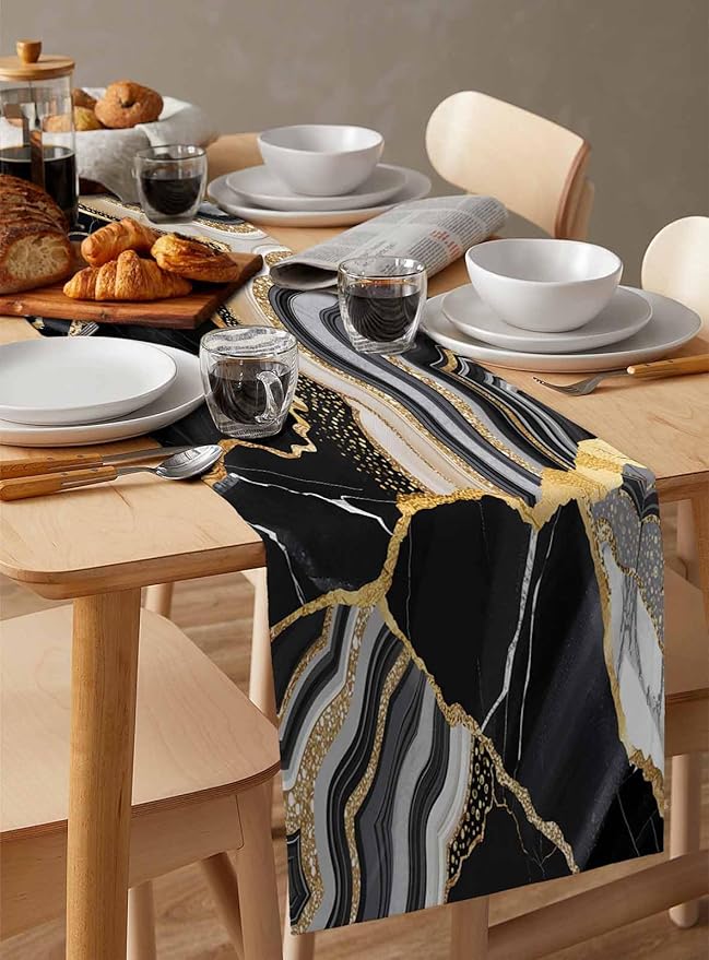 Geometric Black Marble Cotton Linen Table Runner - Image 3