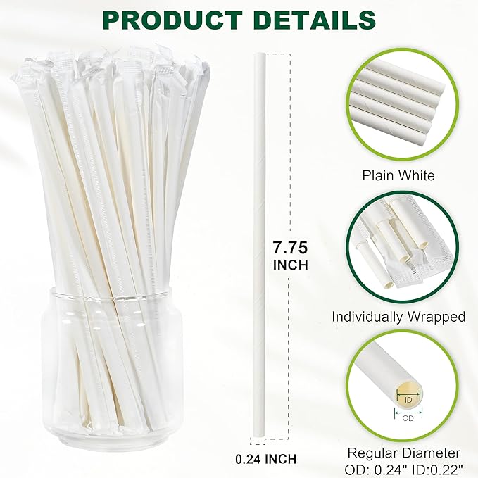 7.75 Inch Disposable Paper Drinking Straws Bulk Individually Wrapped, 0.24" Dia. - Image 2