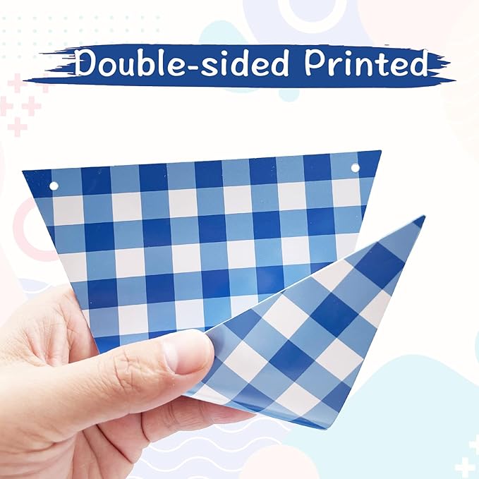 2 Pieces Blue Checkered Flags Banner, Double Sided Blue and White Gingham - Image 4