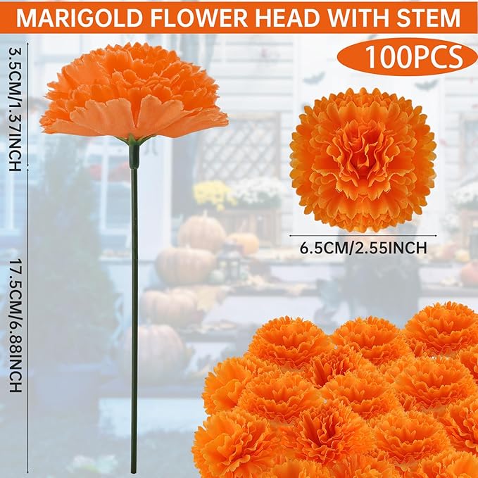 Hananona 100 Pcs Marigold Flower Heads Bulk, Silk Marigold Heads Artificial - Image 2