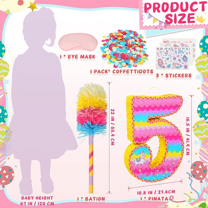 Number 5 Pinata for Birthday Party Decorations, Unicorn Mermaid Theme Pink - Image 3