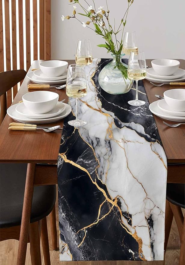 Black White Marble Cotton Linen Table Runner - Image 2