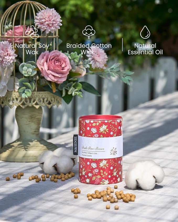 M&SENSE Fresh Rose Berries Scented Candle, Medium Jar Candle 11.3oz Natural Soy - Image 3