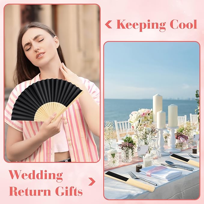 24 Pieces Black Hand Held Bamboo Folding Fans Paper Fans Handheld - Image 5