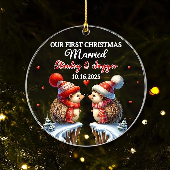 Our First Christmas Married Ornament, Custom Date/Name Mr & Mrs Hedgehog - Image 3