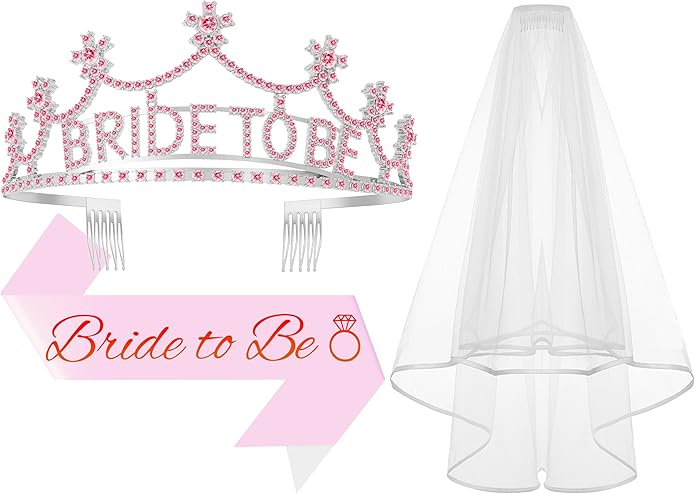 3Pcs Bride to Be Crown with Sash and Veil by Papoopy