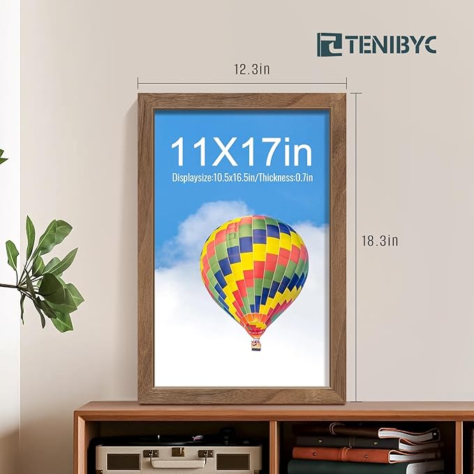 11x17 Picture Frame Set of 4, Walnut Wood Grain, HD Tempered Glass, Wall Hanging - Image 2