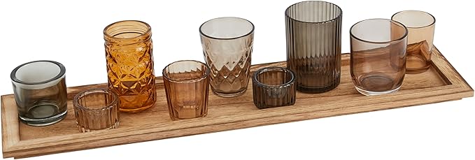 Wood Tray with 9 Brown Glass Votive Holders by CreativeCo-Op
